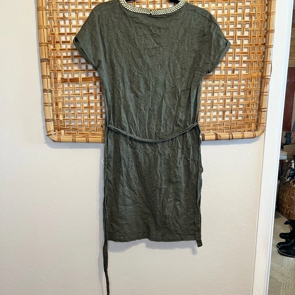 Boden Army Olive Green Gold Dora Embroidered Tie Waist Jersey Dress Size 2R
